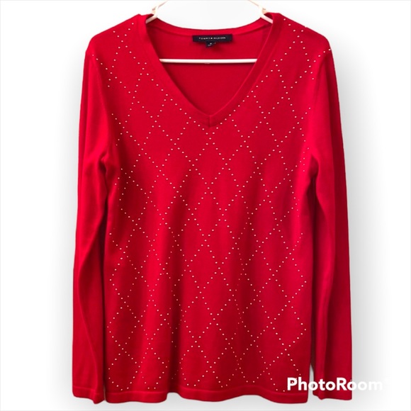 #21 Tommy Hilfiger Sweater Red Gold Studs WM SZ M V Neck 🥰 - Picture 1 of 11